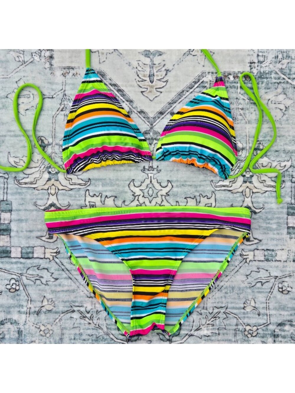 Y2K Colorful Neon Striped Bikini Size S Low Rise Triangle Top 2 Piece 2000s